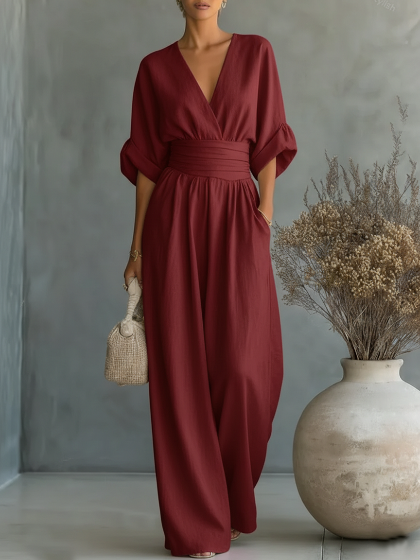 Mono elegante de escote en V y cintura alta