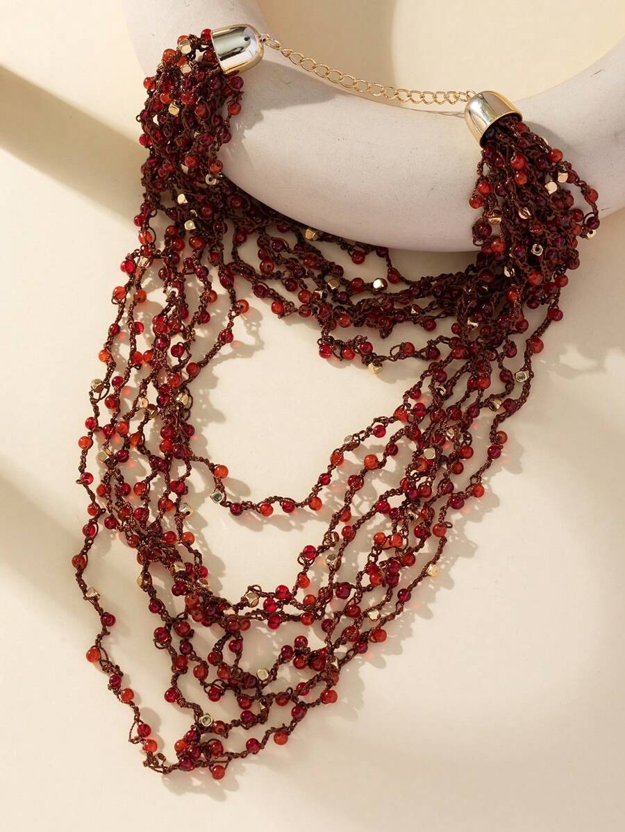 1 pieza Collar rojo de múltiples capas hecho a mano al crochet con nudos