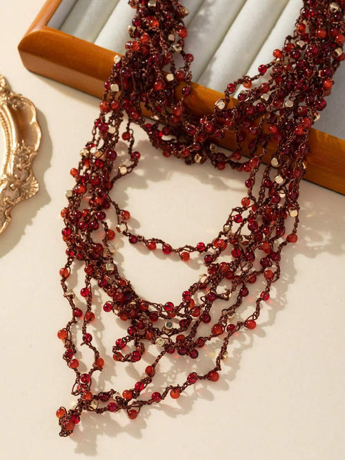 1 pieza Collar rojo de múltiples capas hecho a mano al crochet con nudos