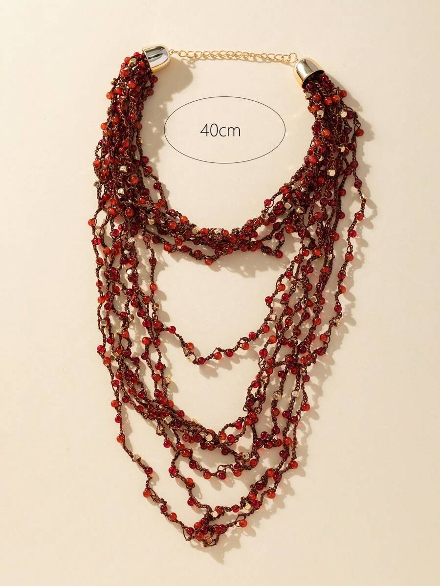 1 pieza Collar rojo de múltiples capas hecho a mano al crochet con nudos