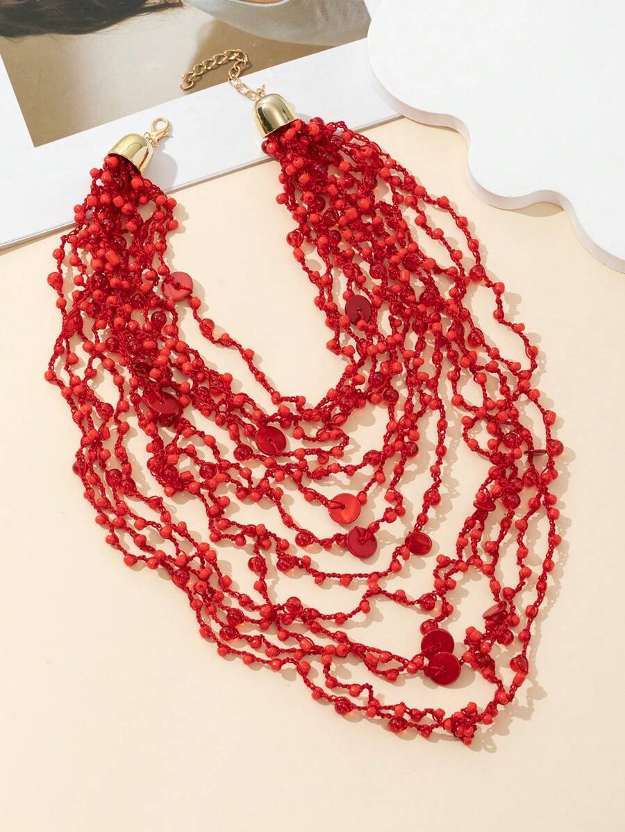 1 pieza Collar rojo de múltiples capas hecho a mano al crochet con nudos