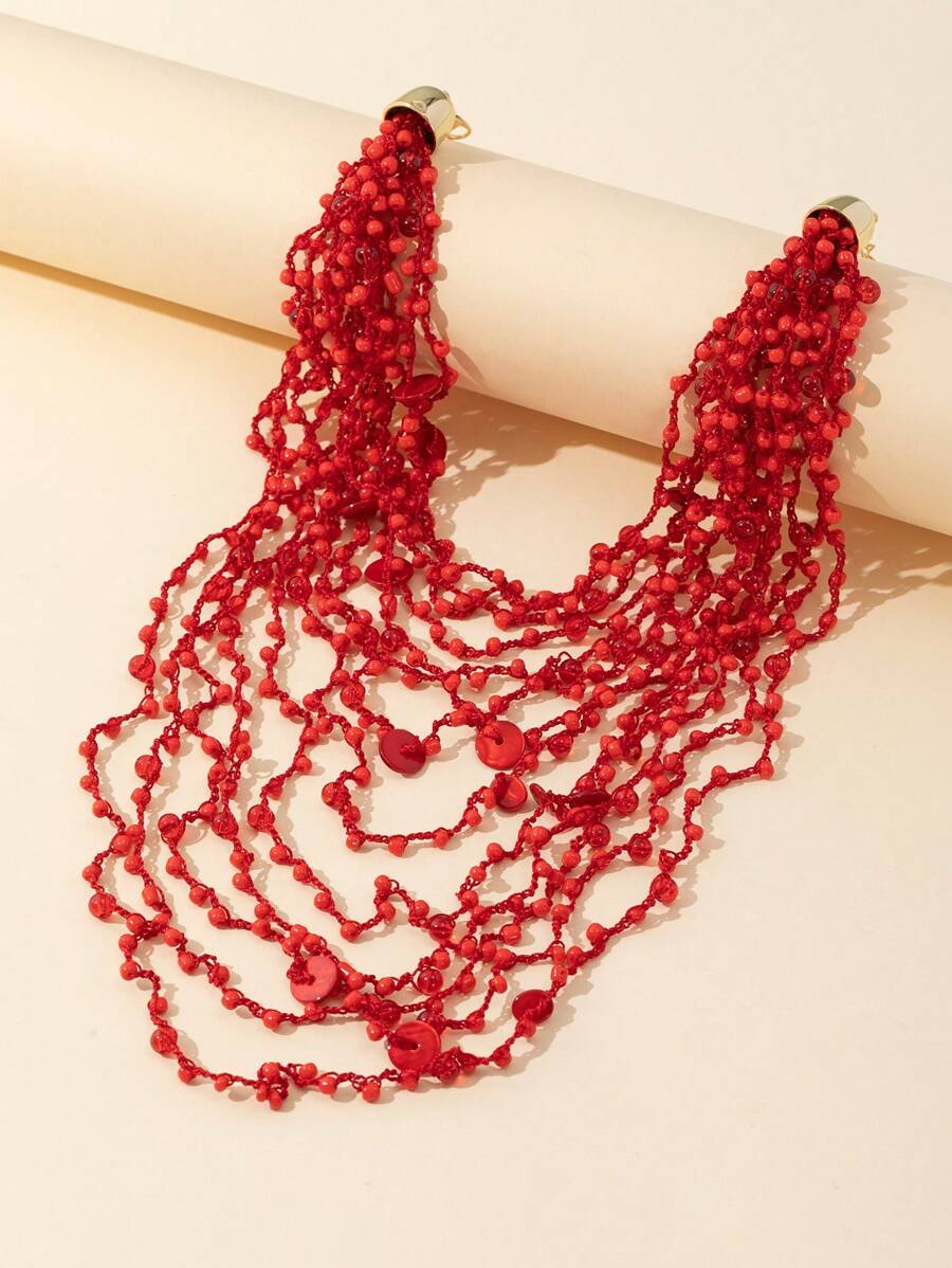 1 pieza Collar rojo de múltiples capas hecho a mano al crochet con nudos