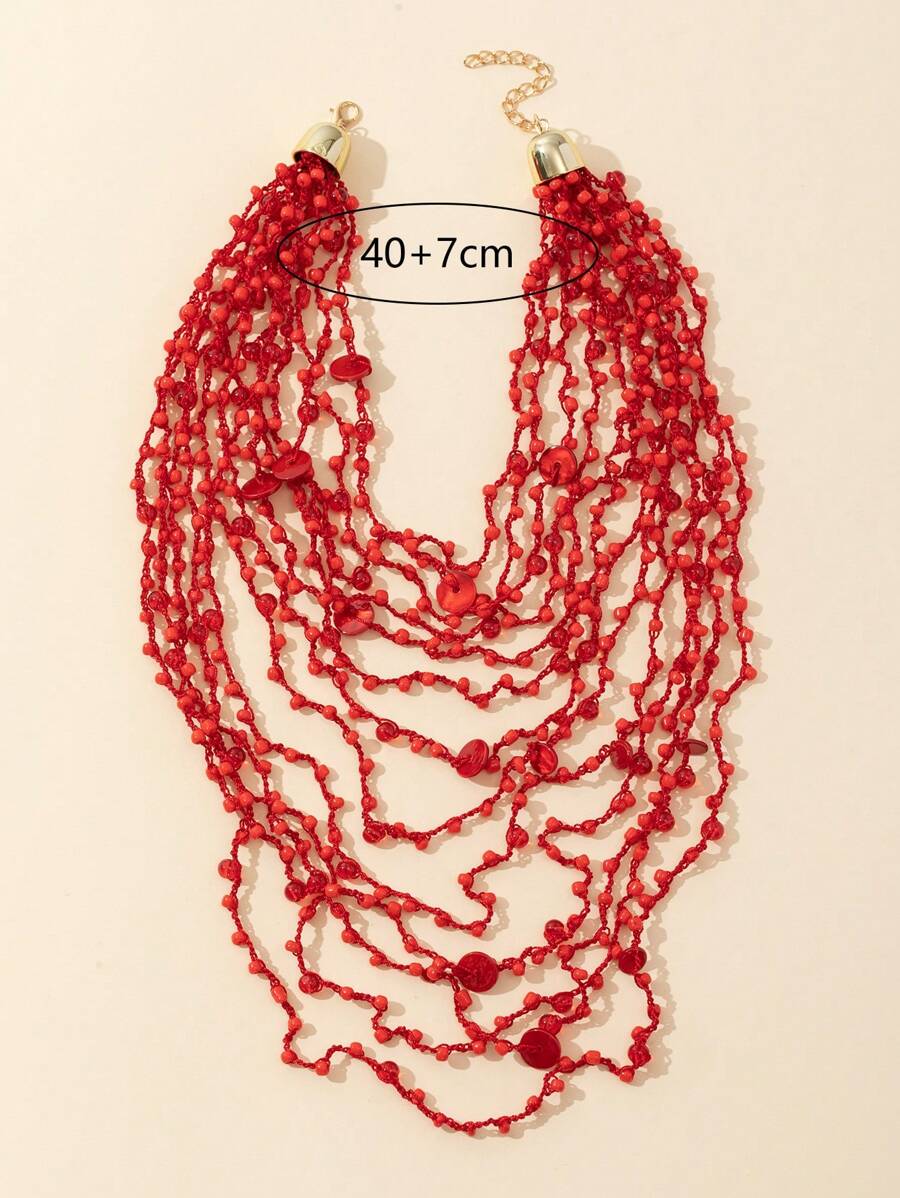 1 pieza Collar rojo de múltiples capas hecho a mano al crochet con nudos