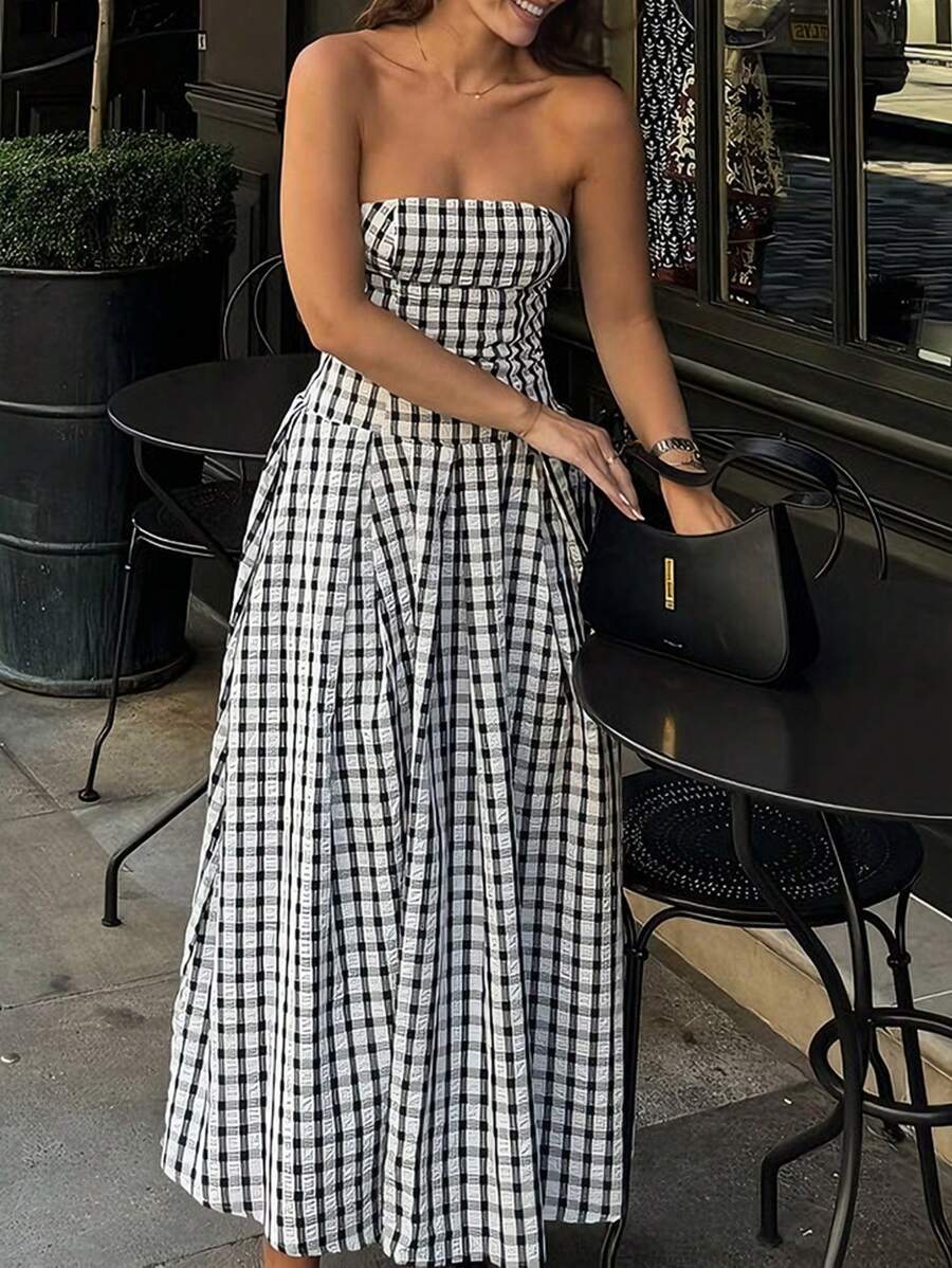 Vestido estampado de cuadros sin tirantes para mujer
