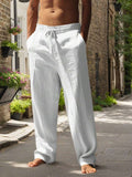 Pantalones casuales sueltos de lino negro tejido, adecuados para primavera/otoño/verano