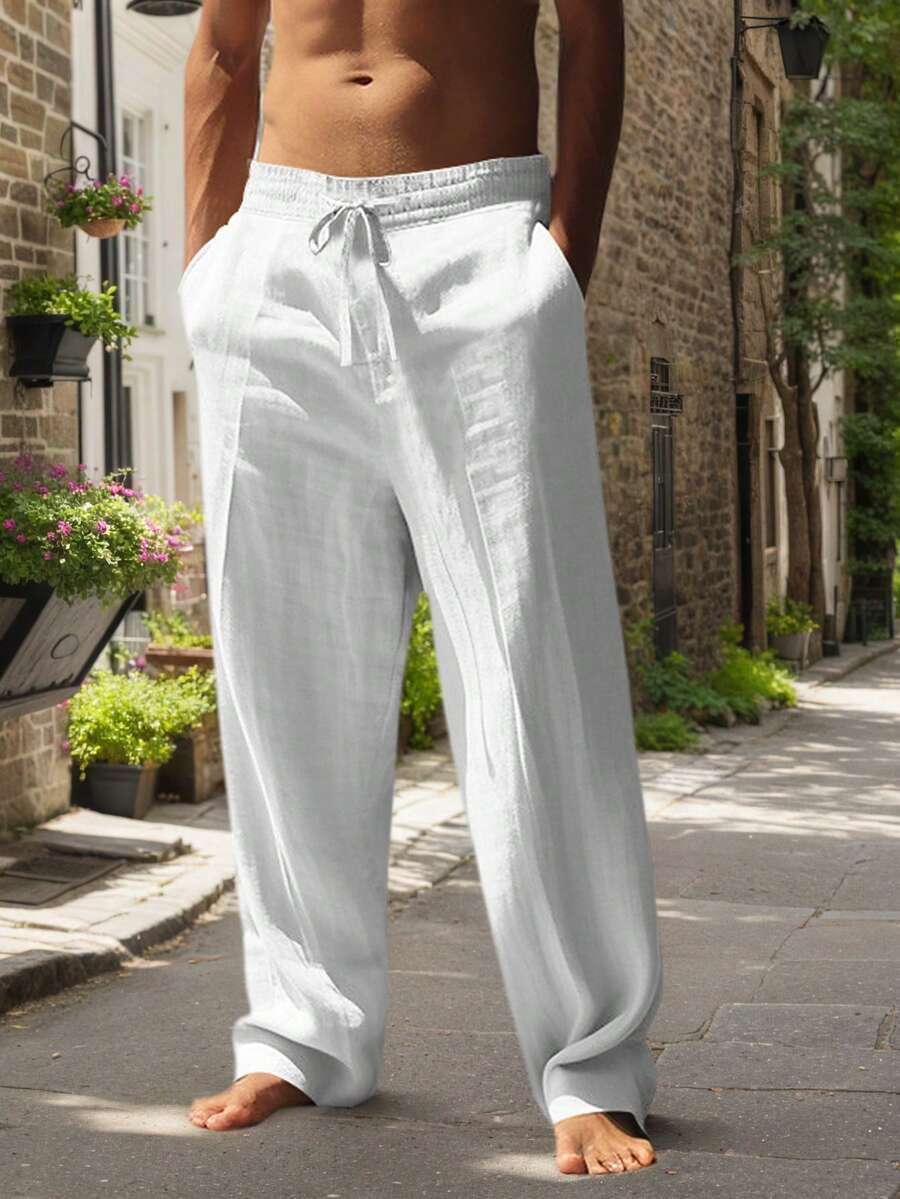 Pantalones casuales sueltos de lino negro tejido, adecuados para primavera/otoño/verano