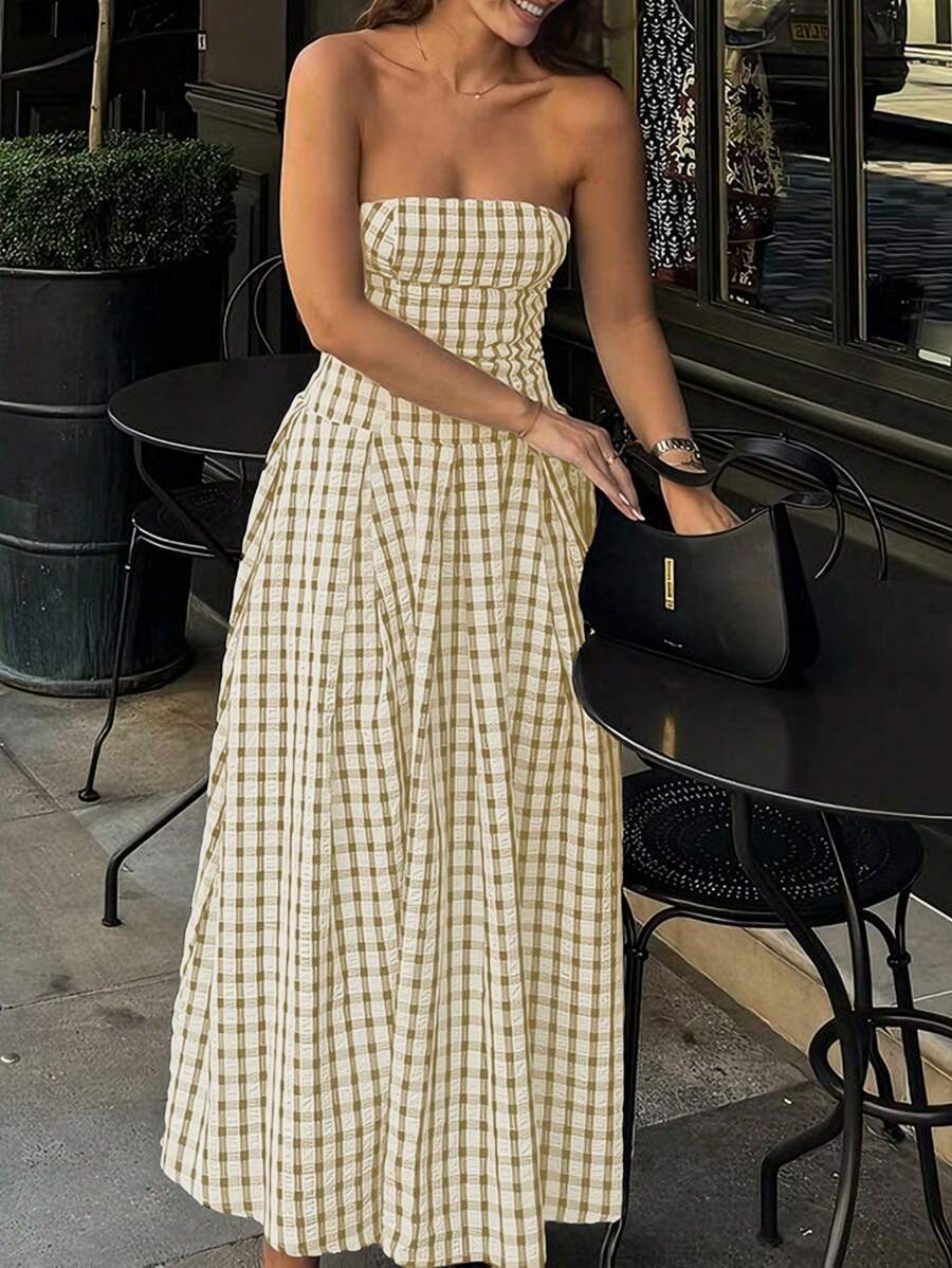 Vestido estampado de cuadros sin tirantes para mujer