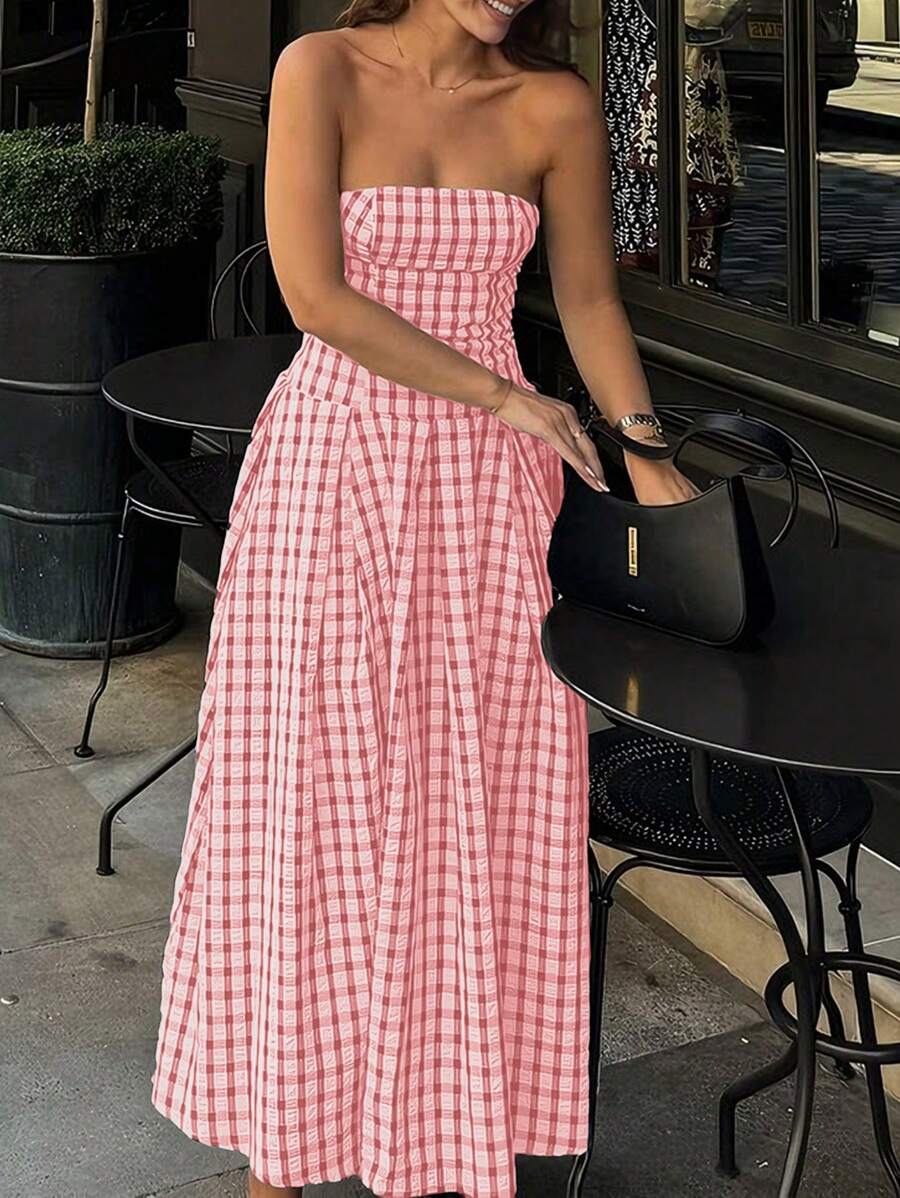 Vestido estampado de cuadros sin tirantes para mujer