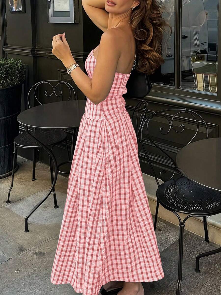 Vestido estampado de cuadros sin tirantes para mujer