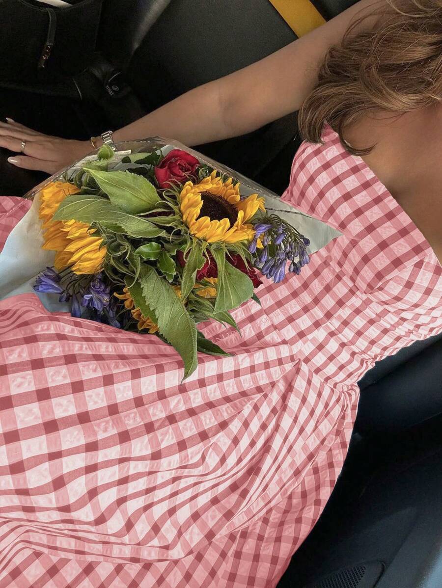Vestido estampado de cuadros sin tirantes para mujer