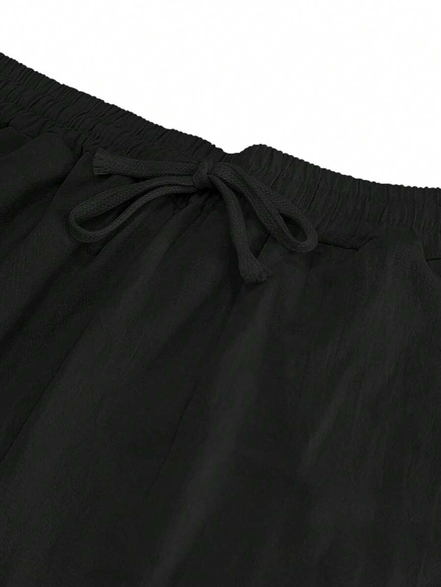Pantalones casuales sueltos de lino negro tejido, adecuados para primavera/otoño/verano