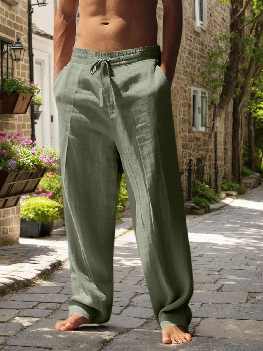 Pantalones casuales sueltos de lino negro tejido, adecuados para primavera/otoño/verano