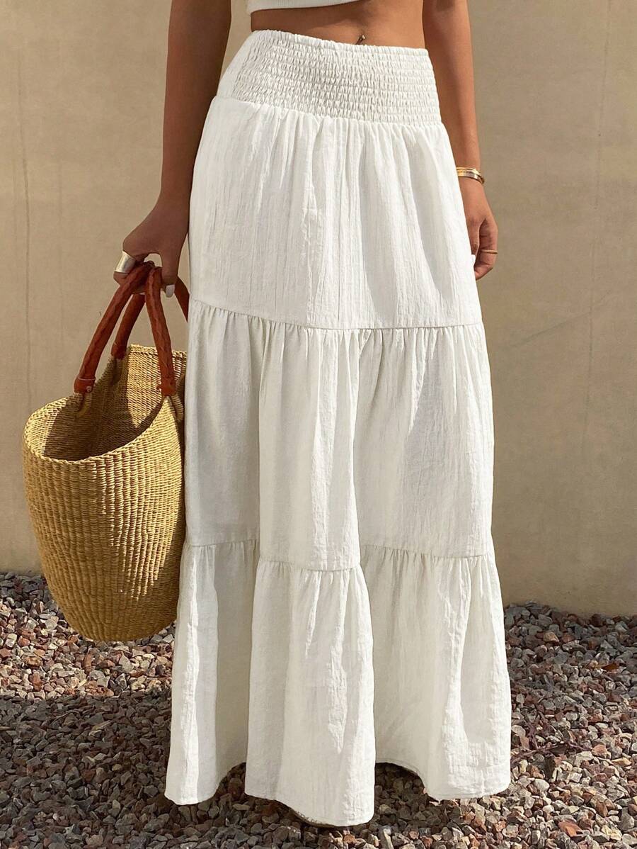 DAZY Falda acampanada de verano para mujer con volantes en el bajo, de color liso y textura.