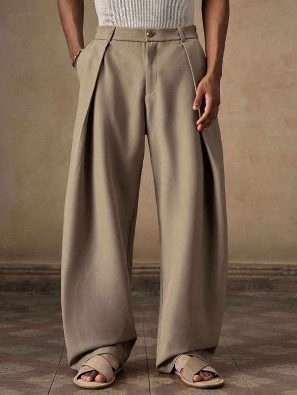 Pantalones de cintura alta y pierna ancha para hombre con frente plisado