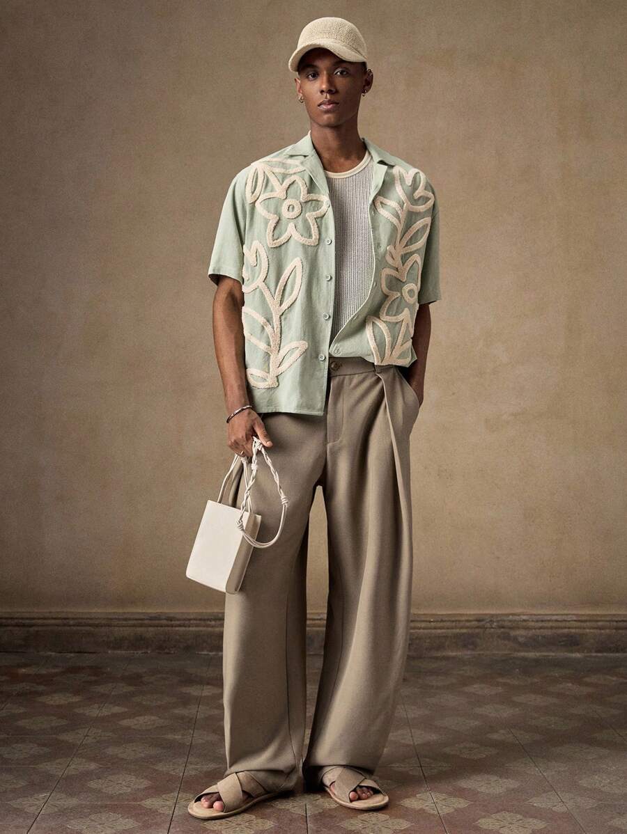Pantalones de cintura alta y pierna ancha para hombre con frente plisado