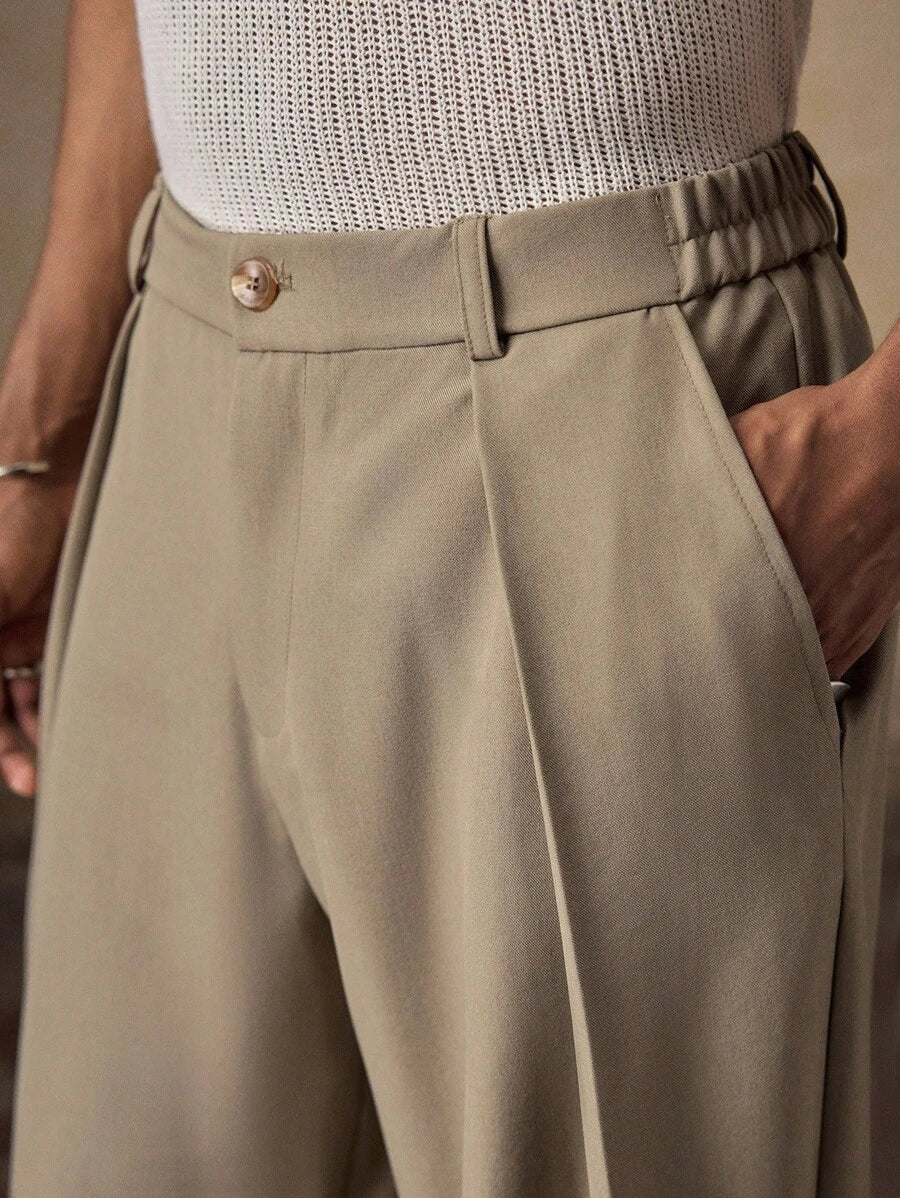 Pantalones de cintura alta y pierna ancha para hombre con frente plisado