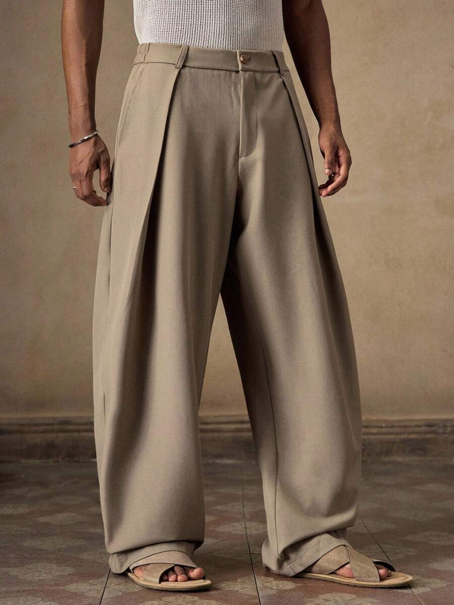 Pantalones de cintura alta y pierna ancha para hombre con frente plisado