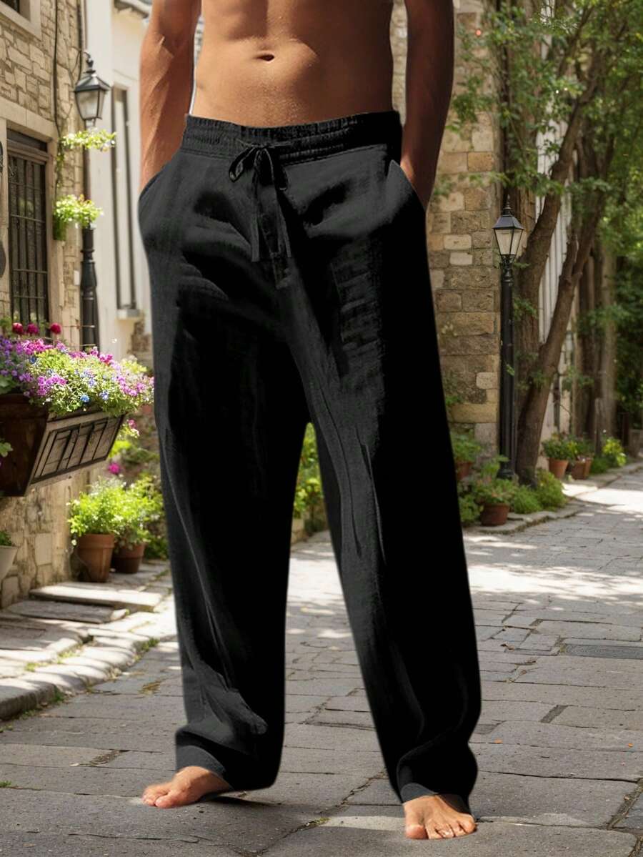 Pantalones casuales sueltos de lino negro tejido, adecuados para primavera/otoño/verano