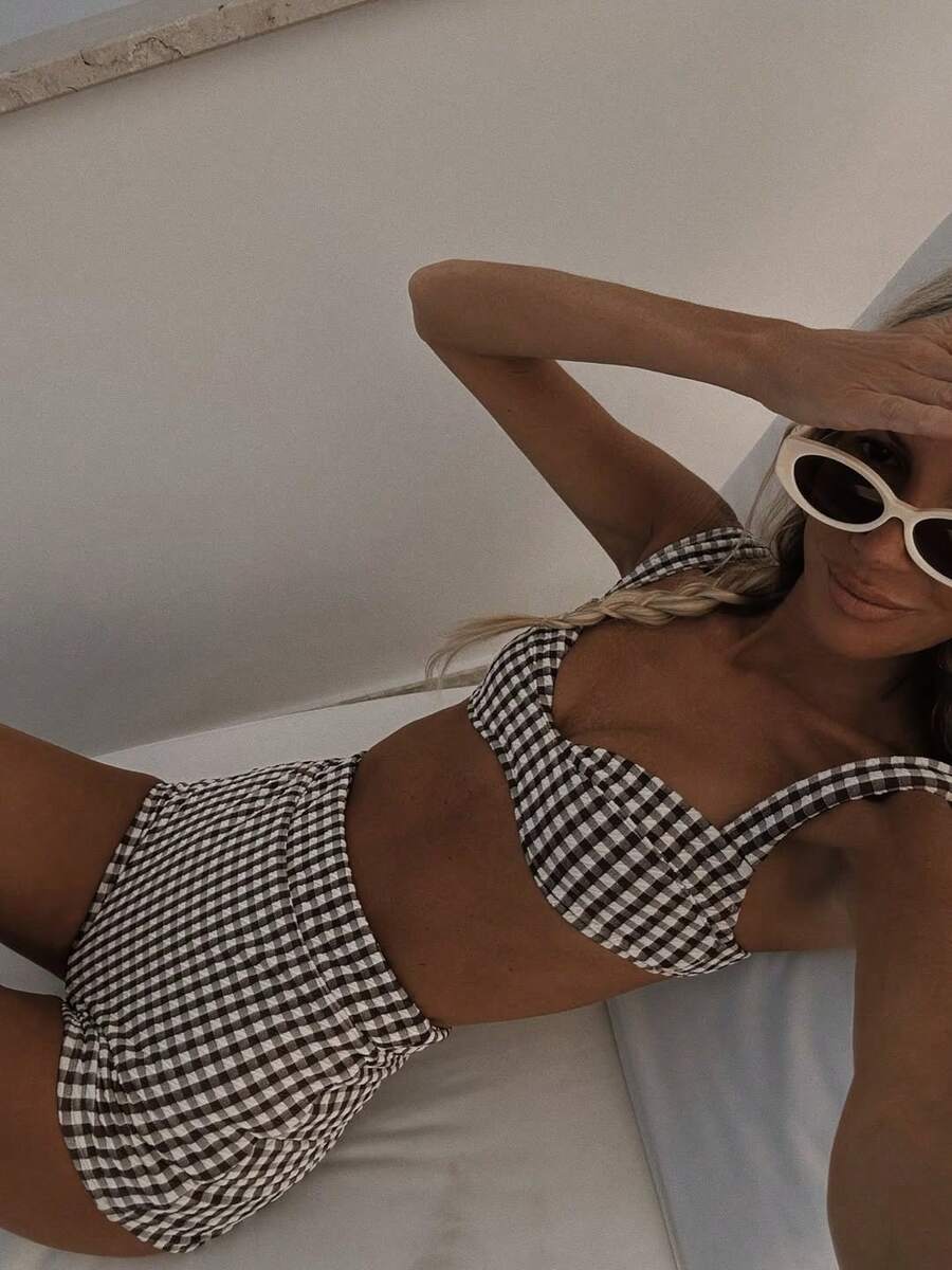 Conjunto de bikini retro a cuadros de 2 piezas