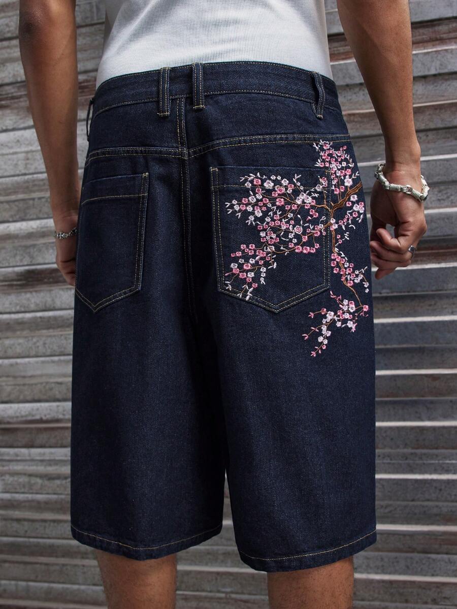 Pantalones cortos de mezclilla lavada con bordado para hombres