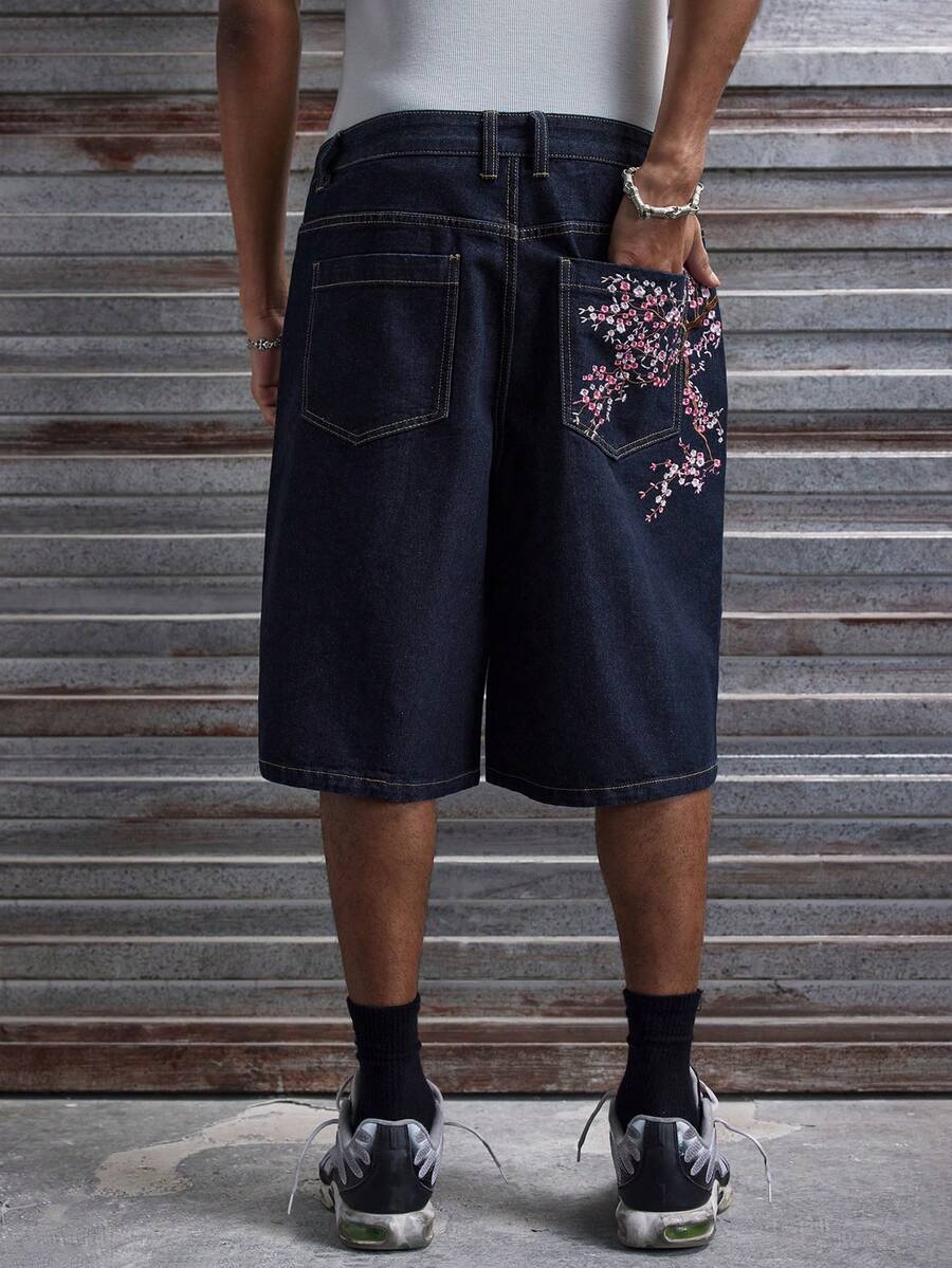 Pantalones cortos de mezclilla lavada con bordado para hombres