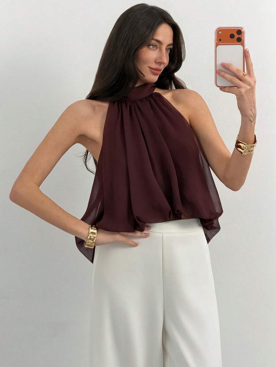 Blusa de verano casual de mujer con estampado de lunares y escote halter