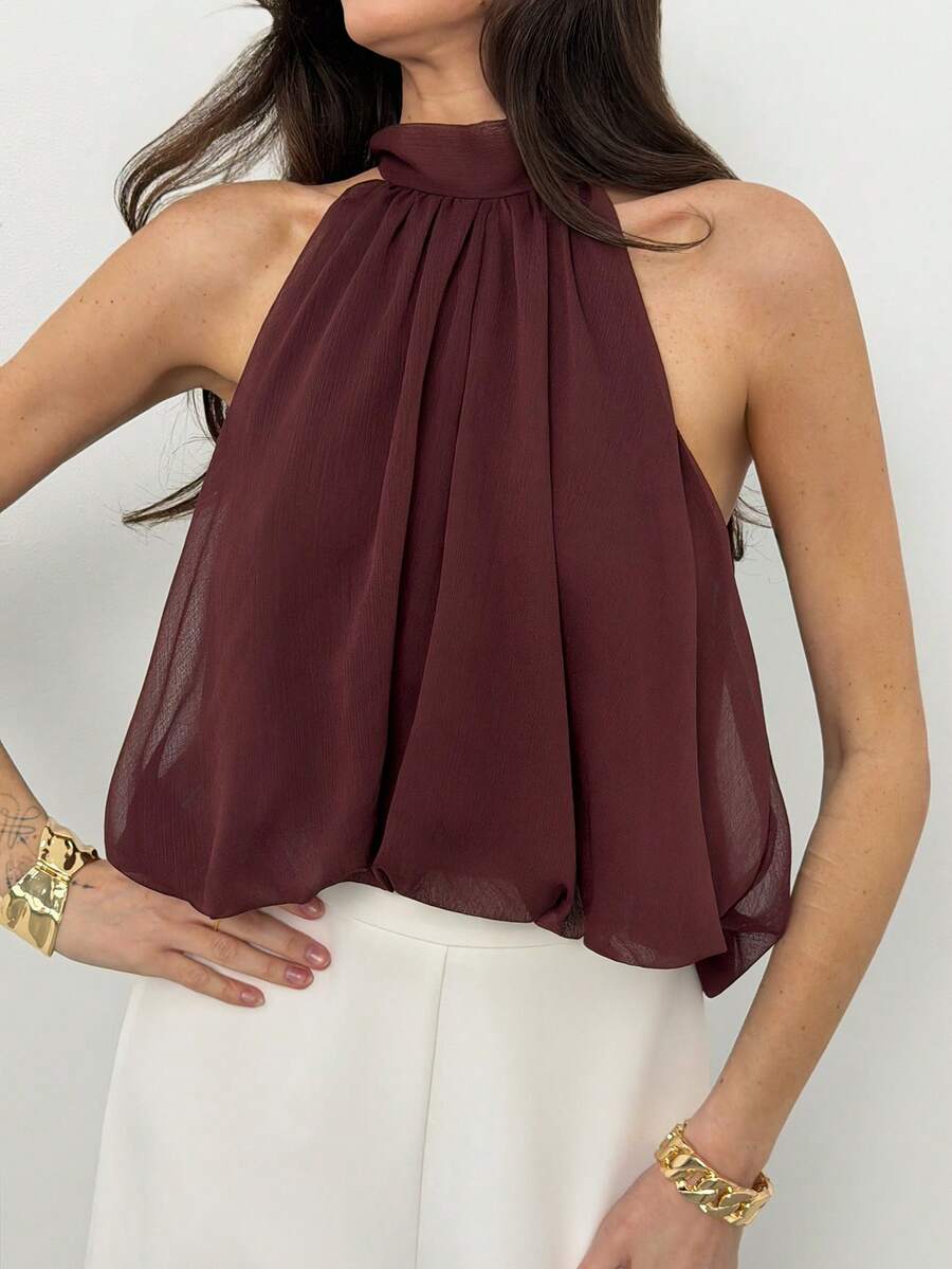 Blusa de verano casual de mujer con estampado de lunares y escote halter