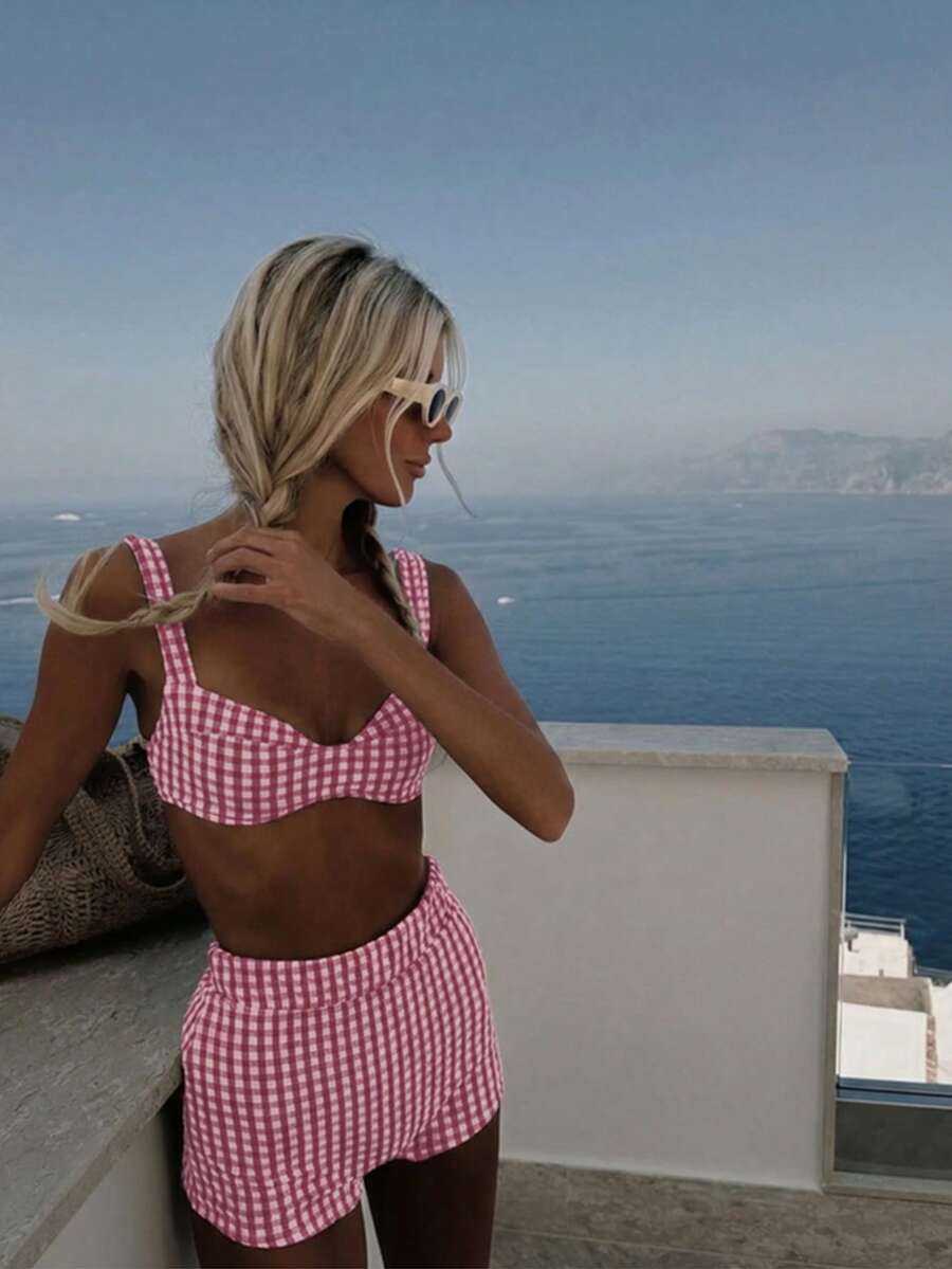 Conjunto de bikini retro a cuadros de 2 piezas