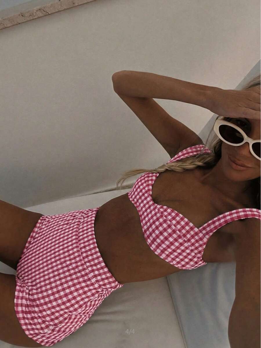 Conjunto de bikini retro a cuadros de 2 piezas
