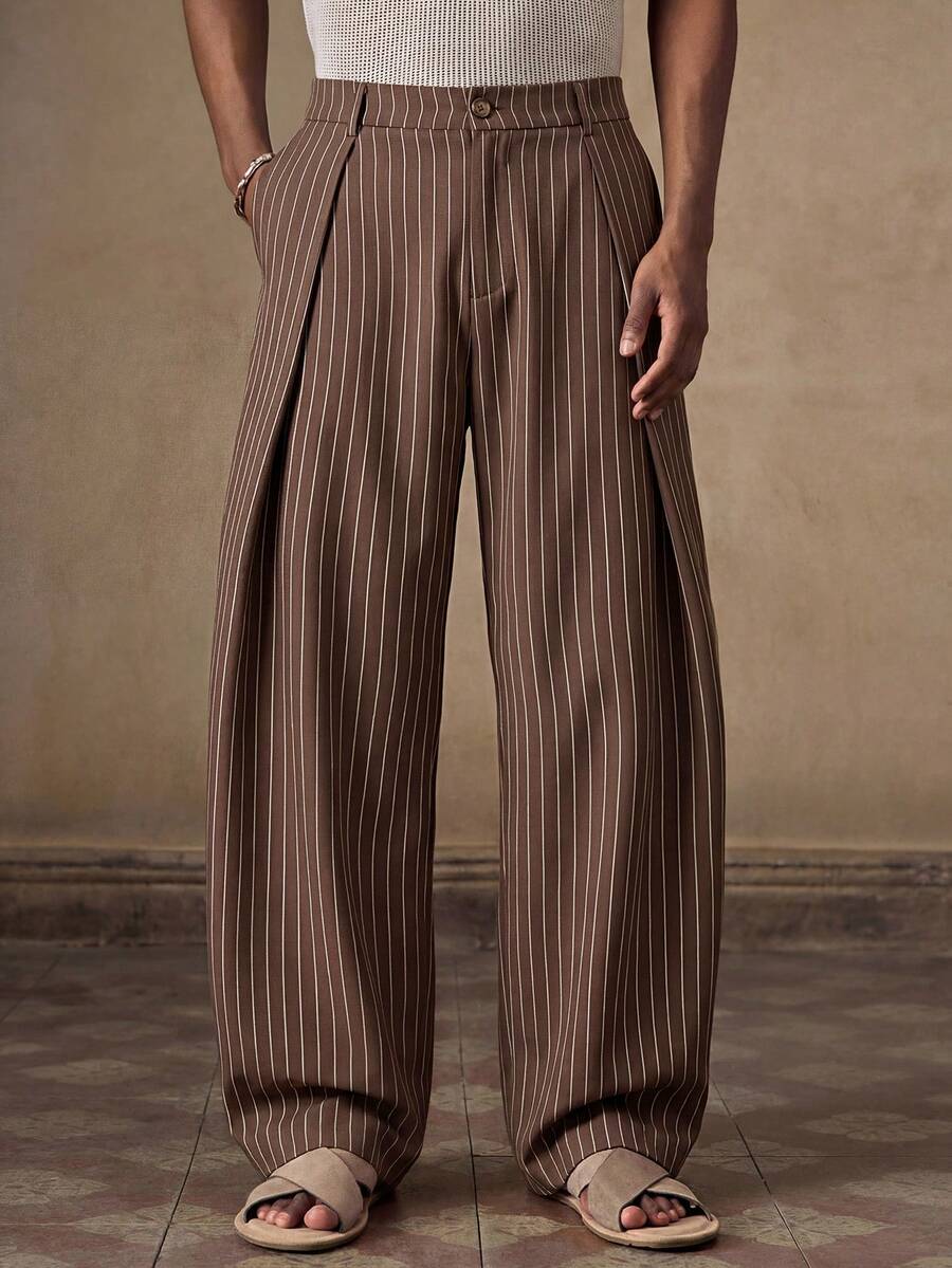 Pantalones de cintura alta y pierna ancha para hombre con frente plisado