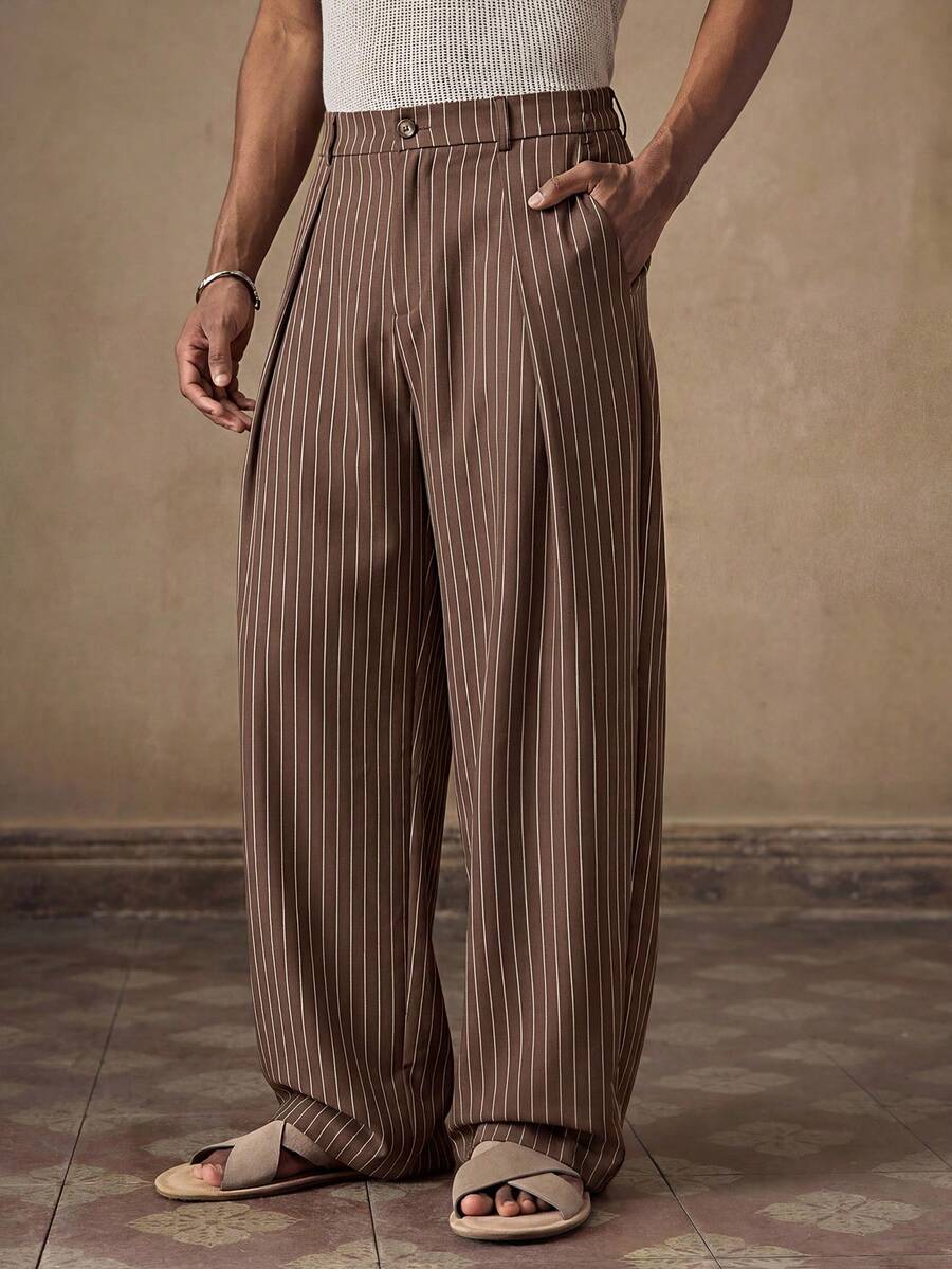 Pantalones de cintura alta y pierna ancha para hombre con frente plisado