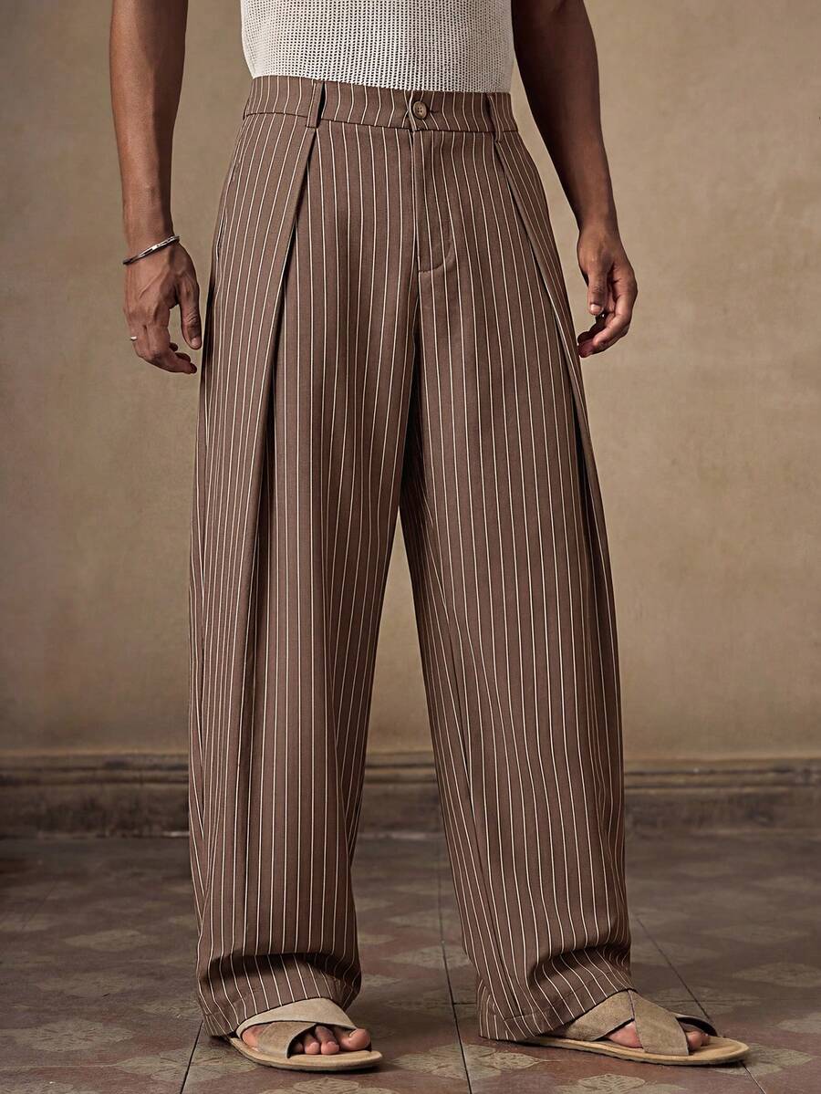 Pantalones de cintura alta y pierna ancha para hombre con frente plisado