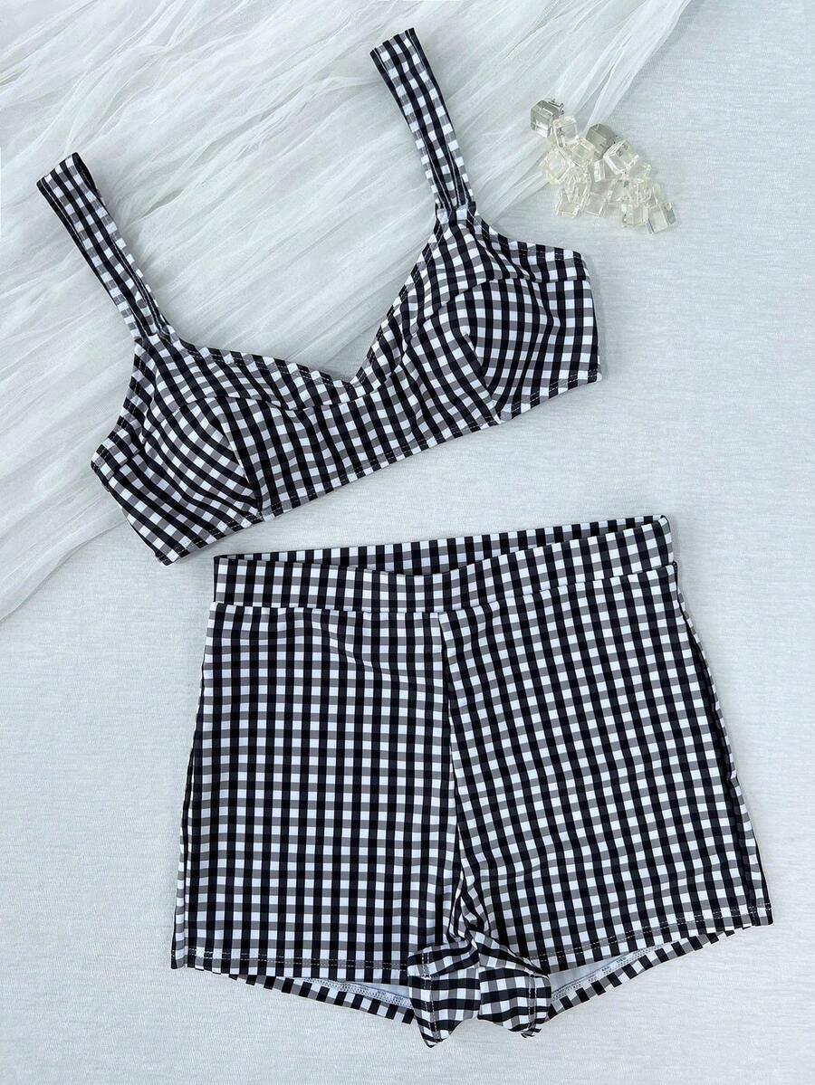Conjunto de bikini retro a cuadros de 2 piezas
