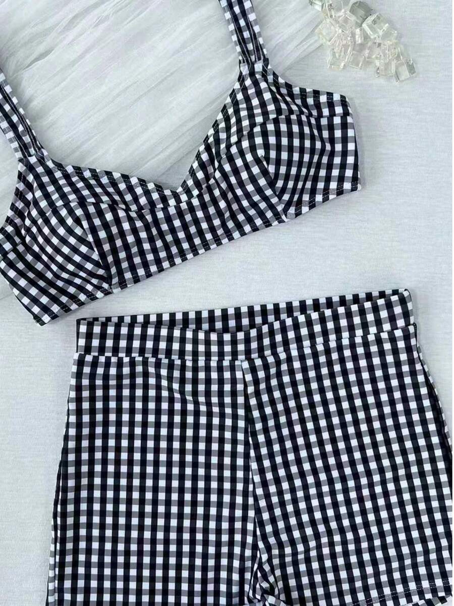 Conjunto de bikini retro a cuadros de 2 piezas