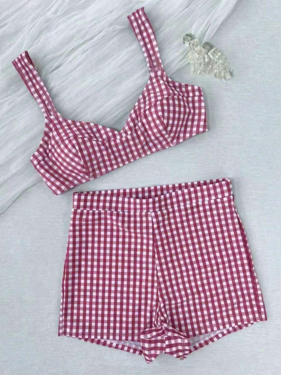 Conjunto de bikini retro a cuadros de 2 piezas