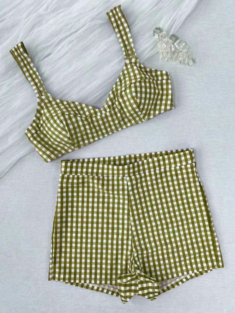 Conjunto de bikini retro a cuadros de 2 piezas