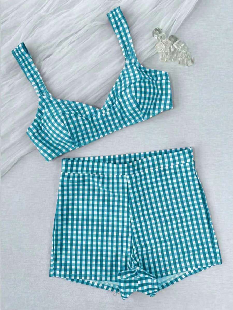 Conjunto de bikini retro a cuadros de 2 piezas