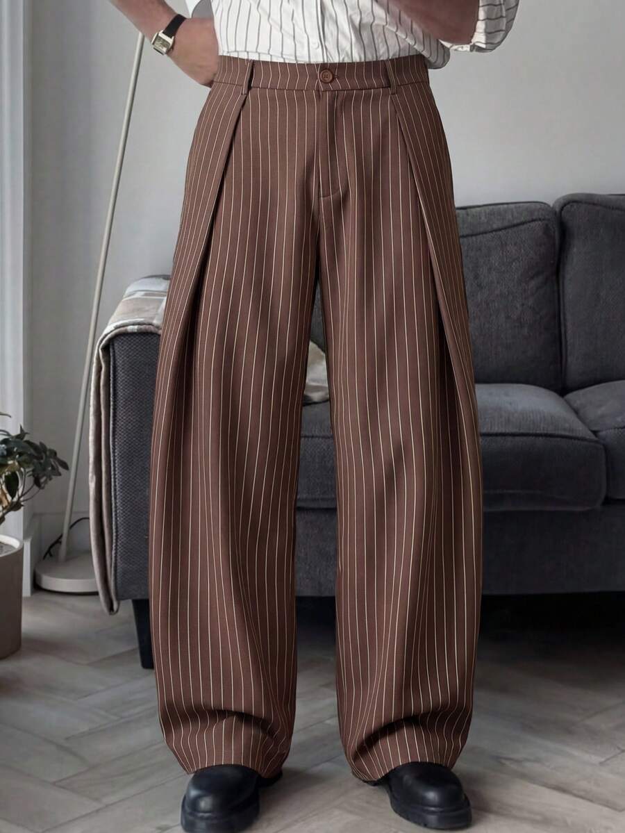 Pantalones de cintura alta y pierna ancha para hombre con frente plisado