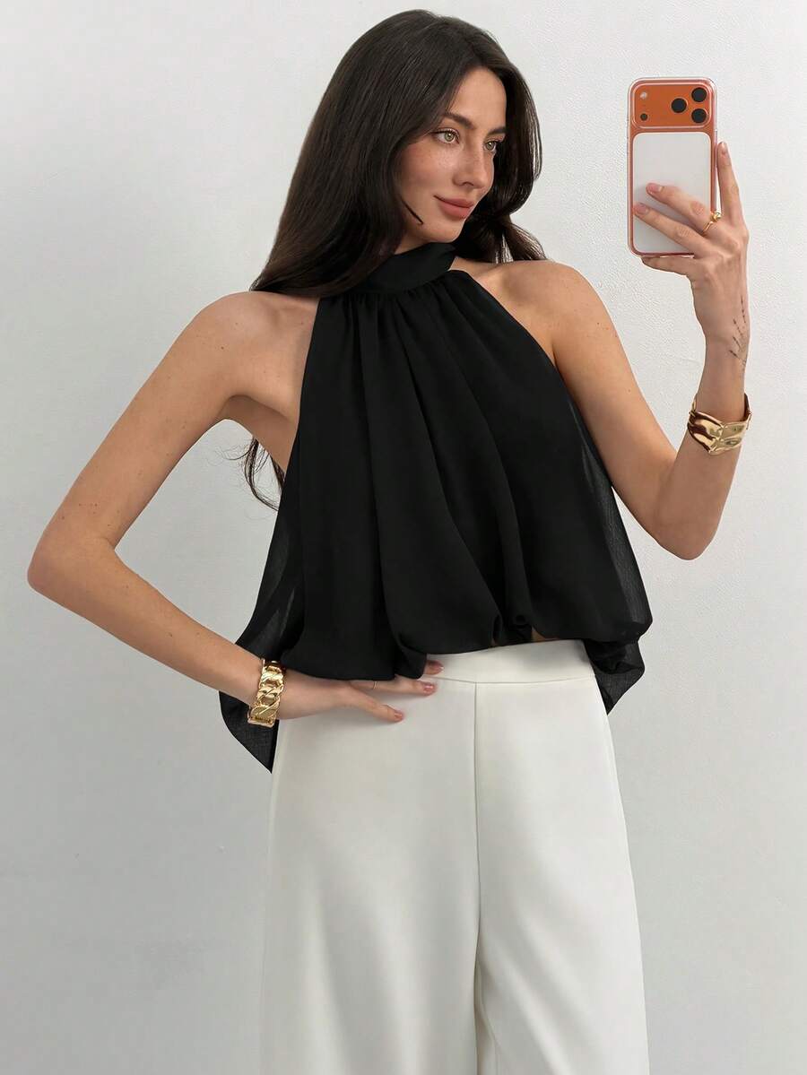 Blusa de verano casual de mujer con estampado de lunares y escote halter