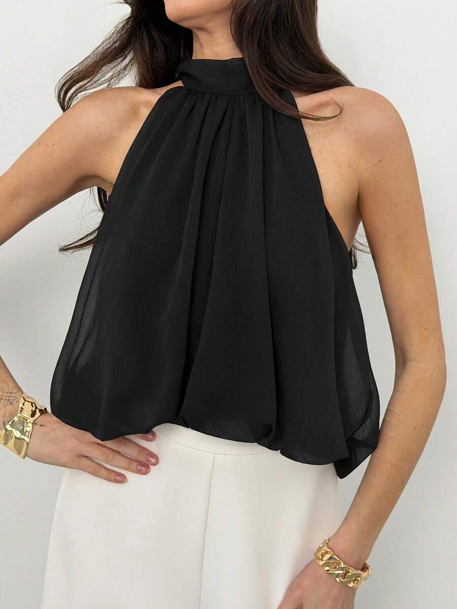 Blusa de verano casual de mujer con estampado de lunares y escote halter