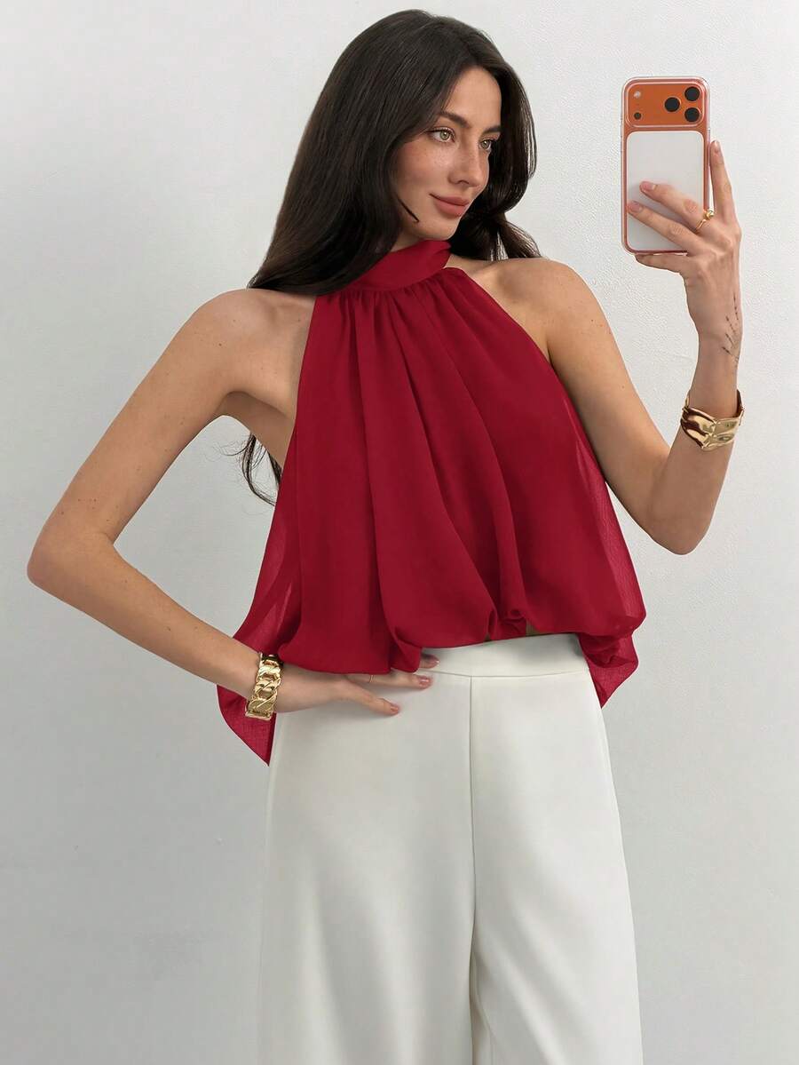 Blusa de verano casual de mujer con estampado de lunares y escote halter