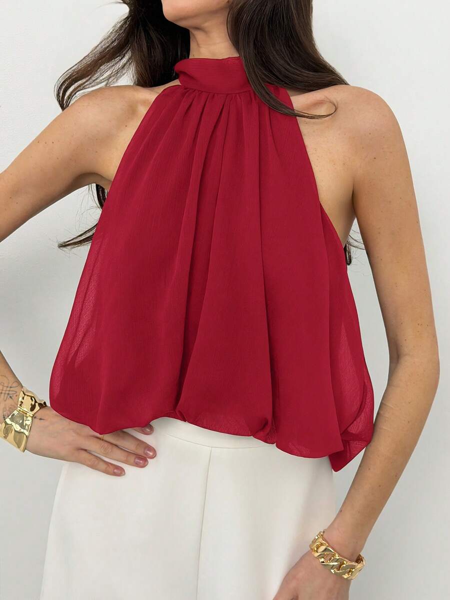 Blusa de verano casual de mujer con estampado de lunares y escote halter