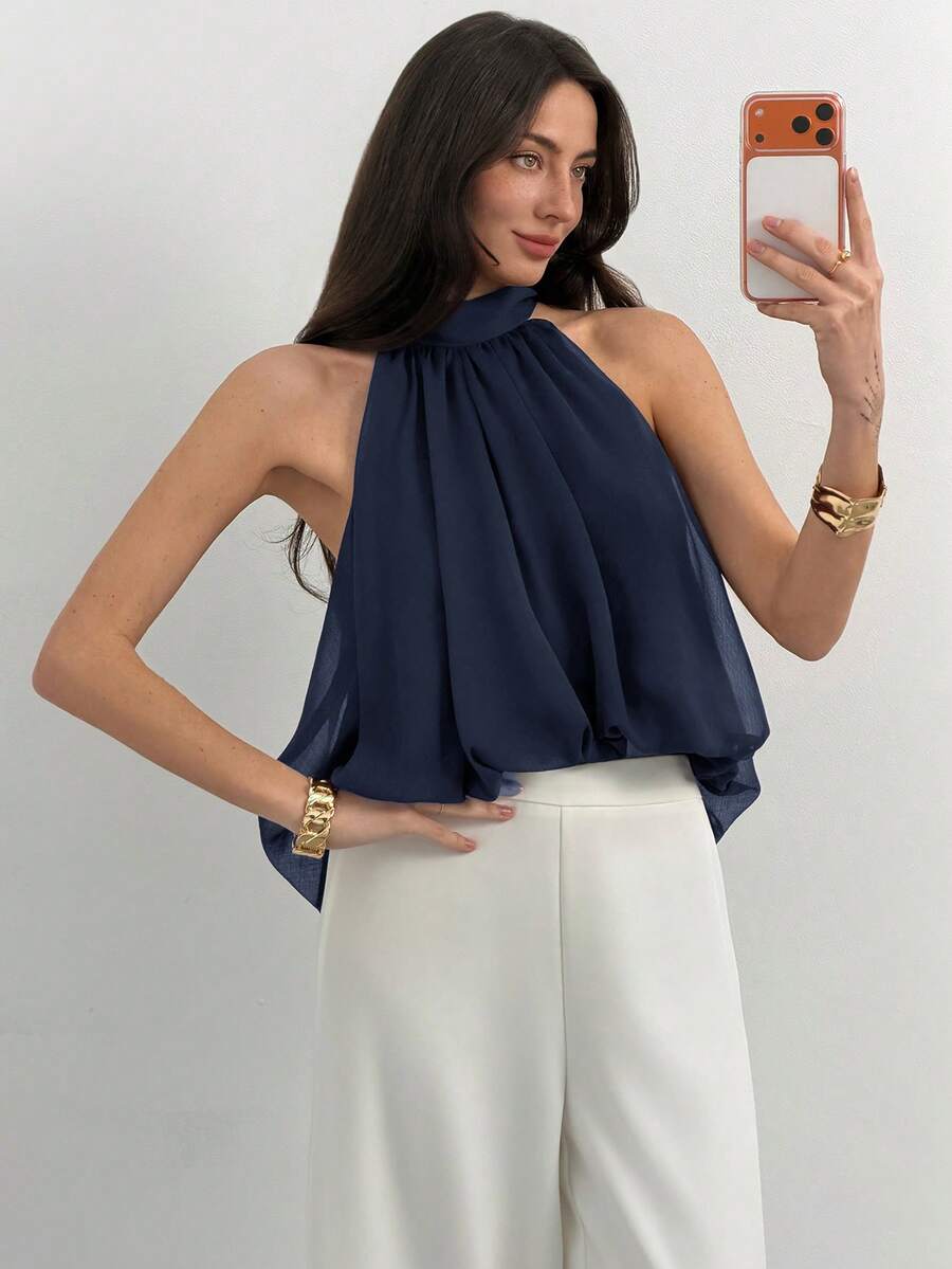 Blusa de verano casual de mujer con estampado de lunares y escote halter