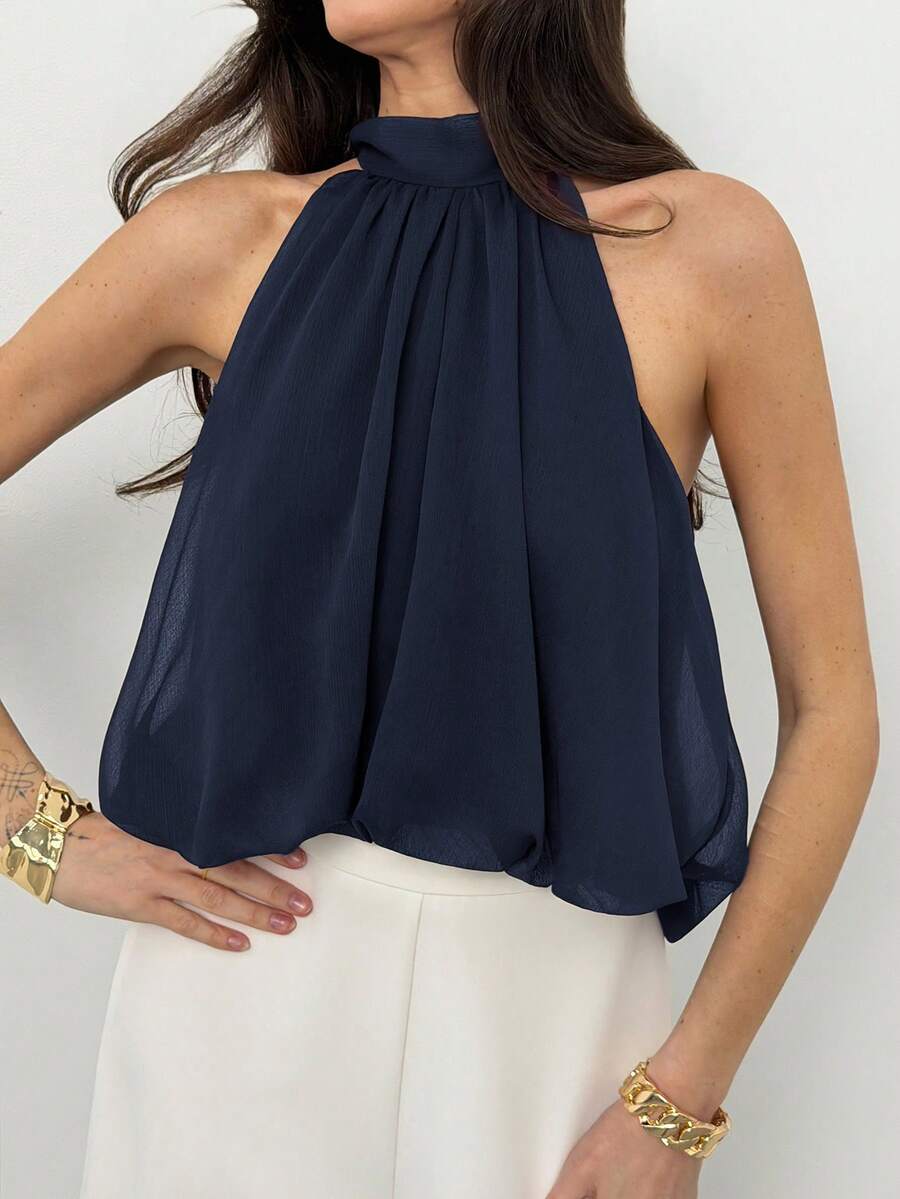 Blusa de verano casual de mujer con estampado de lunares y escote halter