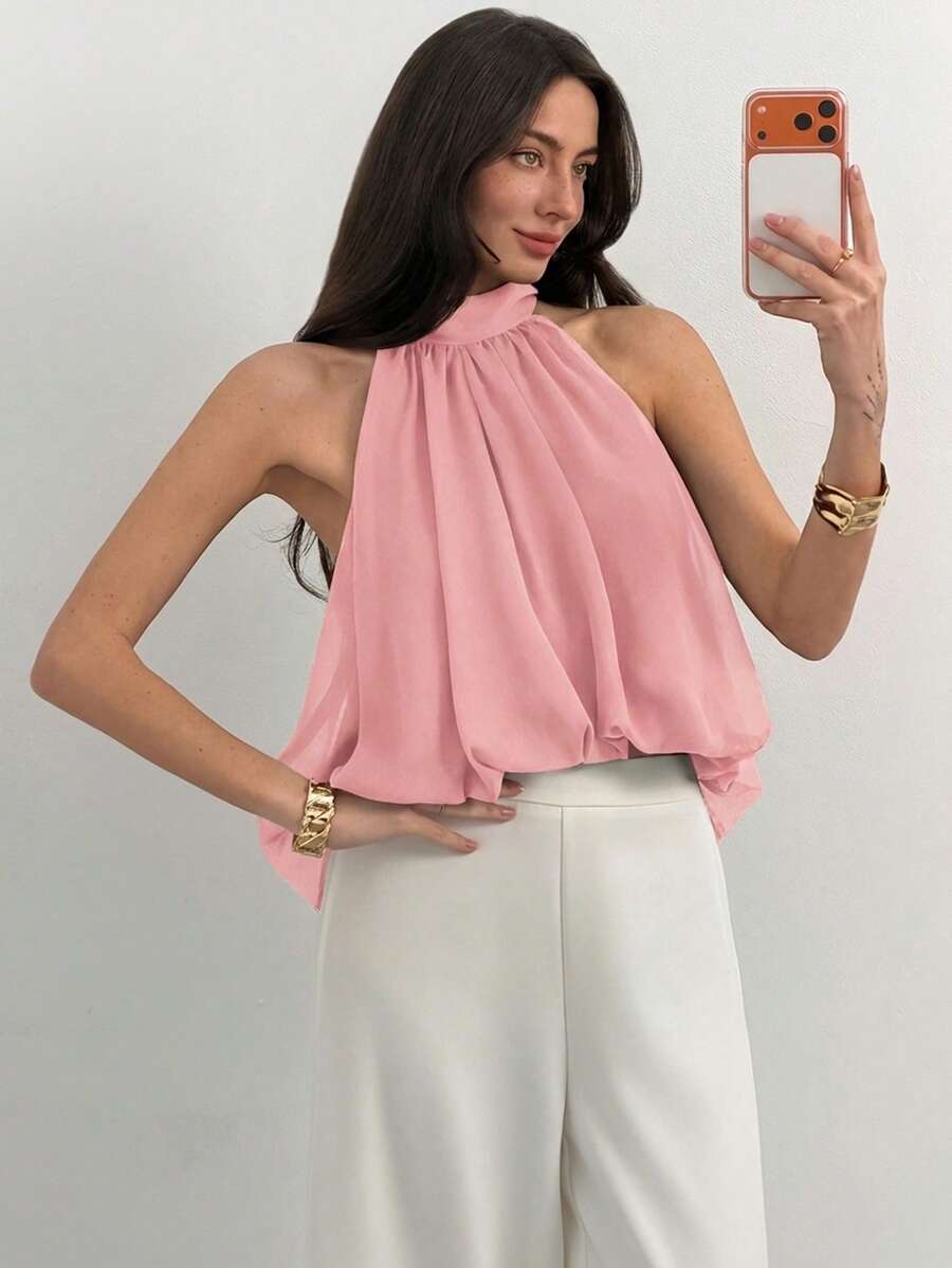Blusa de verano casual de mujer con estampado de lunares y escote halter