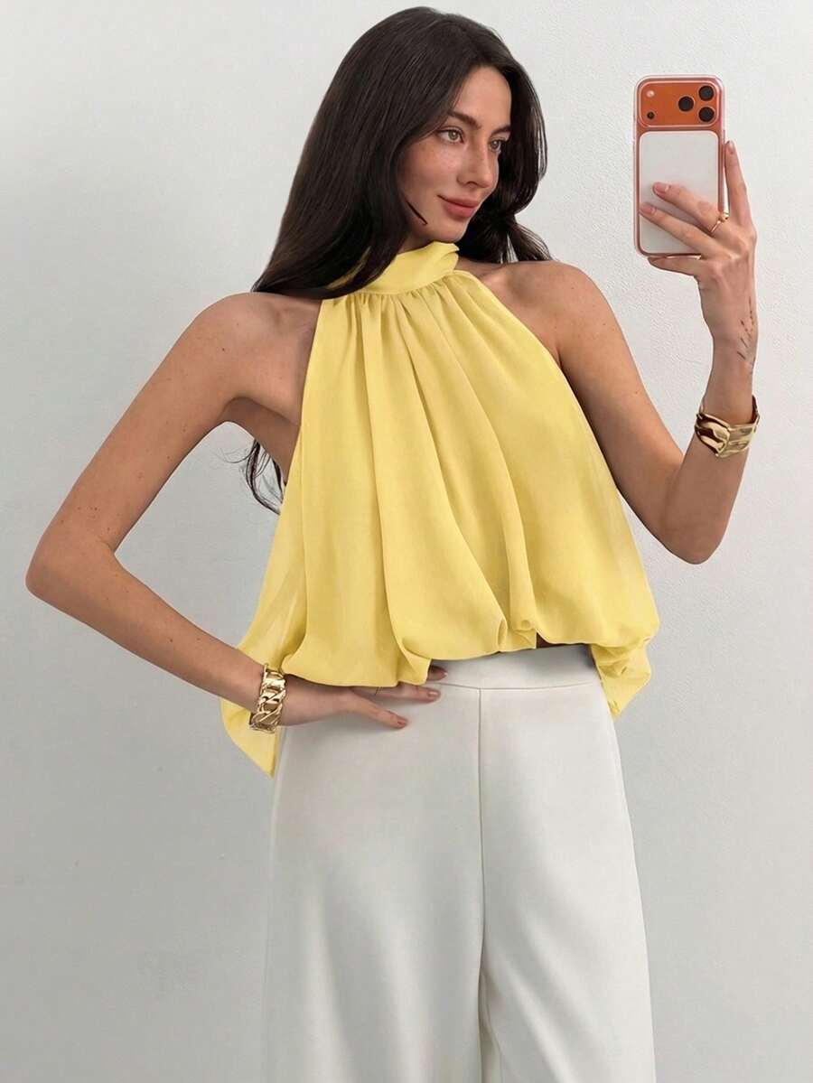 Blusa de verano casual de mujer con estampado de lunares y escote halter