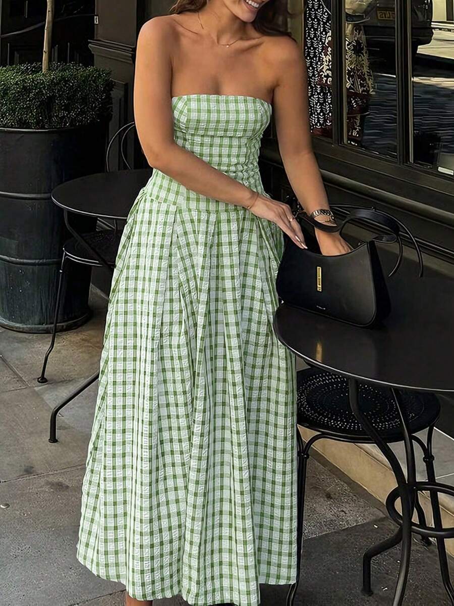 Vestido estampado de cuadros sin tirantes para mujer