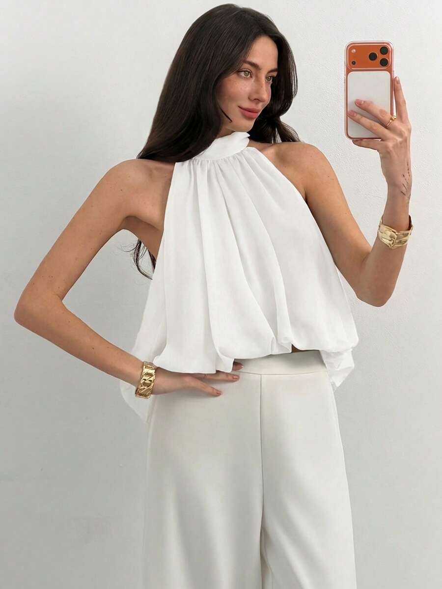 Blusa de verano casual de mujer con estampado de lunares y escote halter
