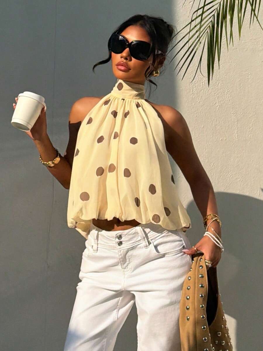 Blusa de verano casual de mujer con estampado de lunares y escote halter