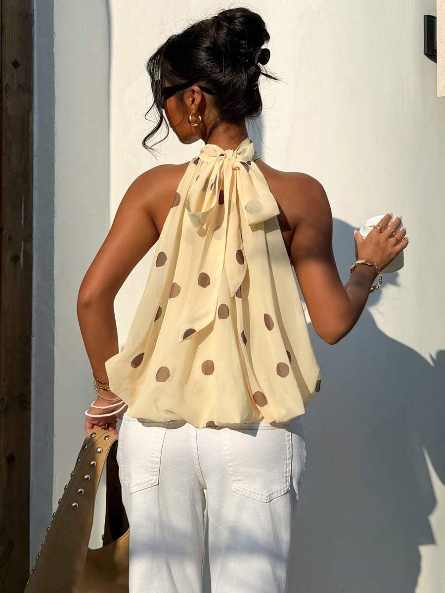 Blusa de verano casual de mujer con estampado de lunares y escote halter